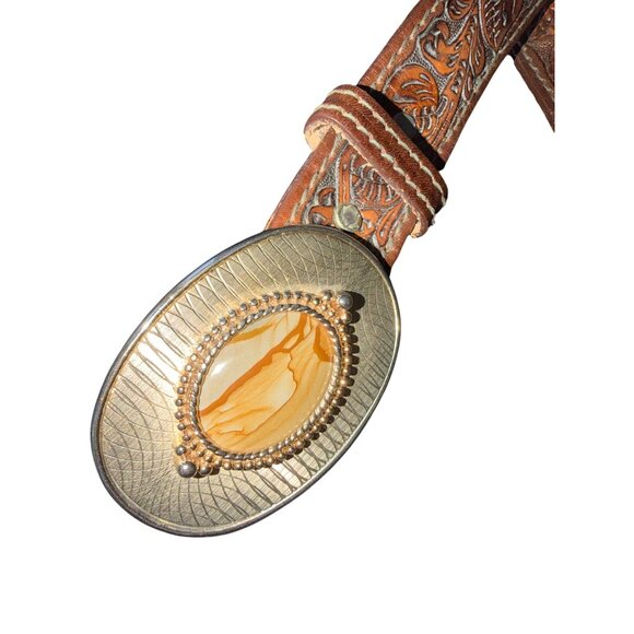 Tooled Leather Belt Ornate Brass Agate Stone Buckle Accent Western PNK BLUZ main image 6